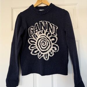 Ganni Dark Blue Sweater with White Graphic